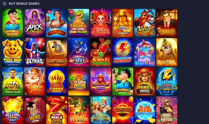 BitStarz Buy Bonus Games tab with slots such as MLK Voyage, Apex Dregs, Old Harbor, Fireball Inferno Dino Island, Joker Crowns, Piggy Bank Coinstorm and Regal Coins