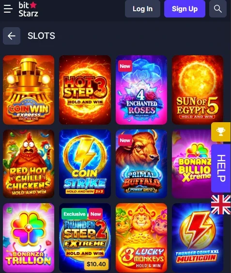 BitStarz on a phone: the slots tab with Coin Win Express, Hot Step 3, 4 Enchanted Roses, Sun of Egypt 5 and Primal Buffalo