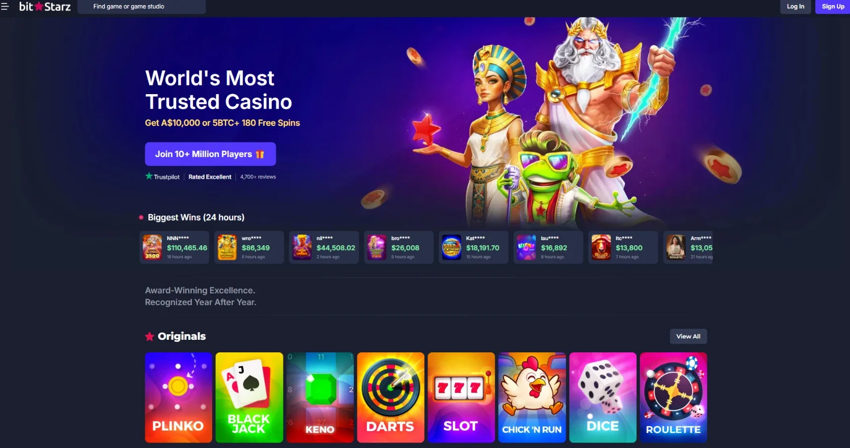 BitStarz homepage: World’s Most Trusted Casino, Get A$10,000 or 5BTC + 180 Free Spins, with its biggest wins of the last 24 hours and its Originals games: Plinko, Blackjack, Keno, Darts, Slot, Chick ’n Run, Dice and Roulette
