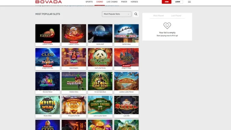 Bovada's most popular slots page, a grid of slot games
