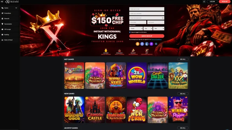 Casino Extreme home page with its $150 free chip offer and rows of hot and new slots