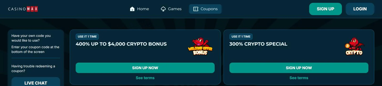 Casino Max coupons page with the 400% crypto bonus and the 300% crypto special
