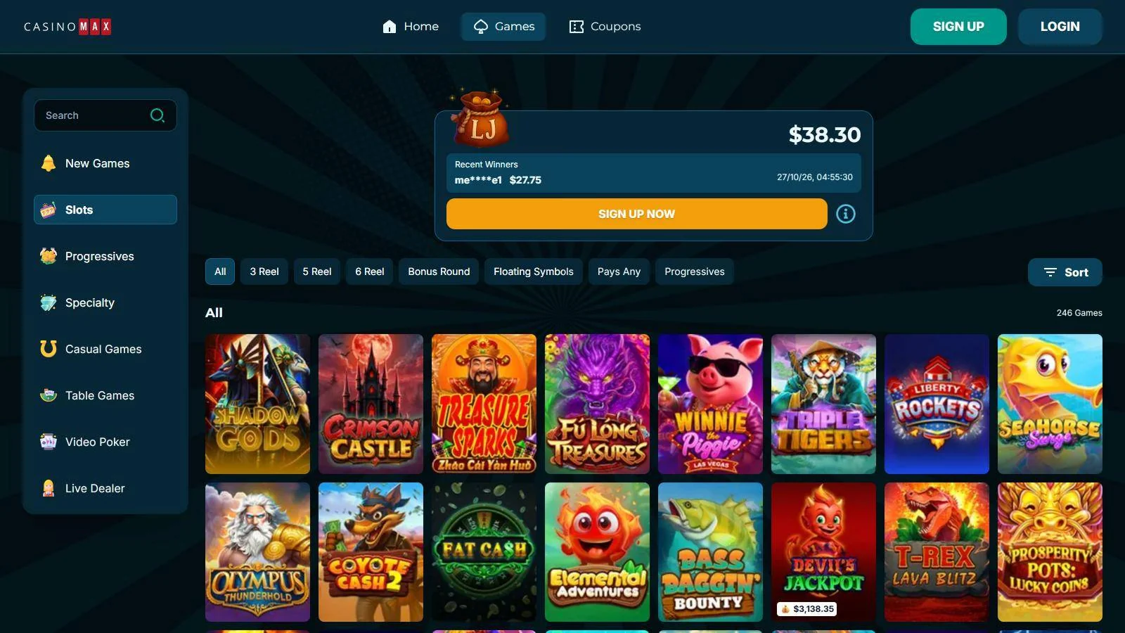 Casino Max games lobby showing 246 slots, the lobby jackpot and the new Shadow Gods slot
