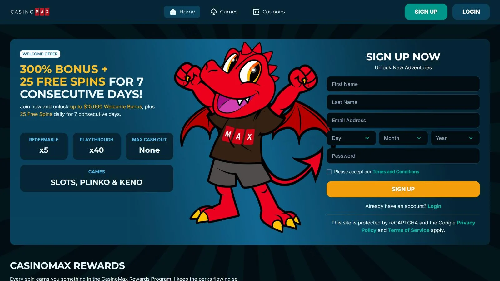 Casino Max homepage after its October 2026 relaunch, with the 300% bonus and 25 free spins a day offer