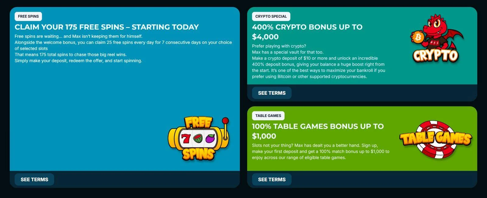 Casino Max welcome offer page: 175 free spins, 400% crypto bonus up to $4,000 and 100% table games bonus up to $1,000