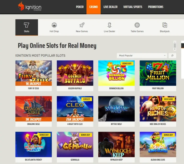 Ignition's slots lobby with its most popular slots, Hot Drop Jackpot amounts and Bonus Buy tags