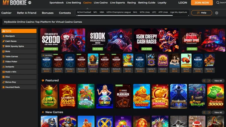 MyBookie casino lobby with its 200% welcome banner, $50K Spooky Spins tournament and featured slots