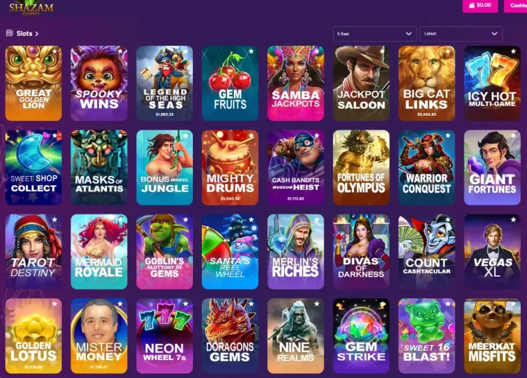 Shazam Casino's slots lobby, with jackpot amounts shown on some games