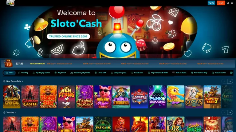 Sloto Cash lobby with its New Games Rally and trending slot rows
