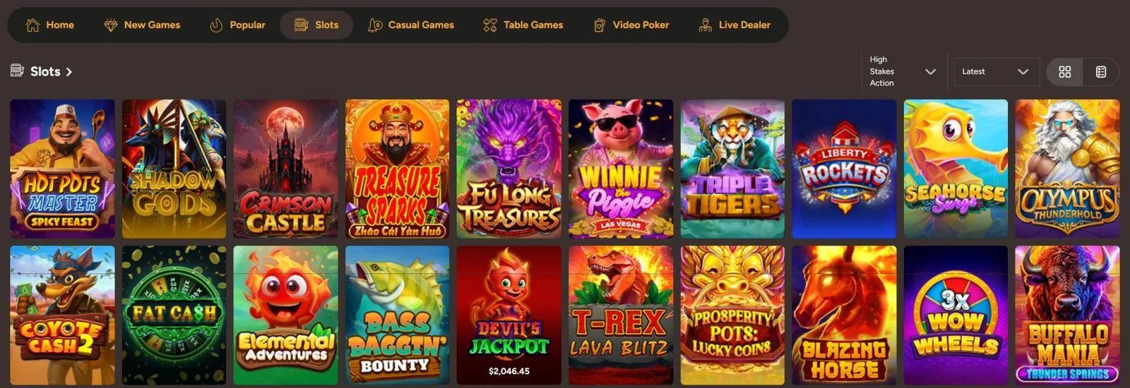 Sun Palace games lobby, Slots tab: Hot Pots Master, Shadow Gods, Crimson Castle, Treasure Sparks, Fu Long Treasures, Winnie the Piggie, Triple Tigers, Liberty Rockets, Seahorse Surge, Olympus Thunderhold and ten more