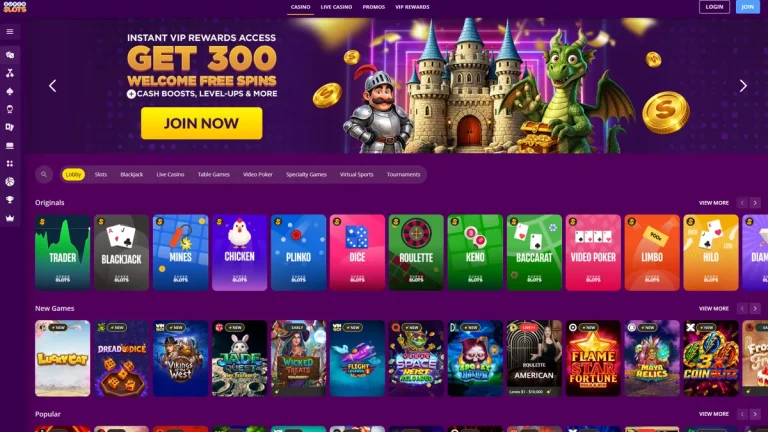 Super Slots lobby with its 300 free spins welcome banner and rows of new slot games