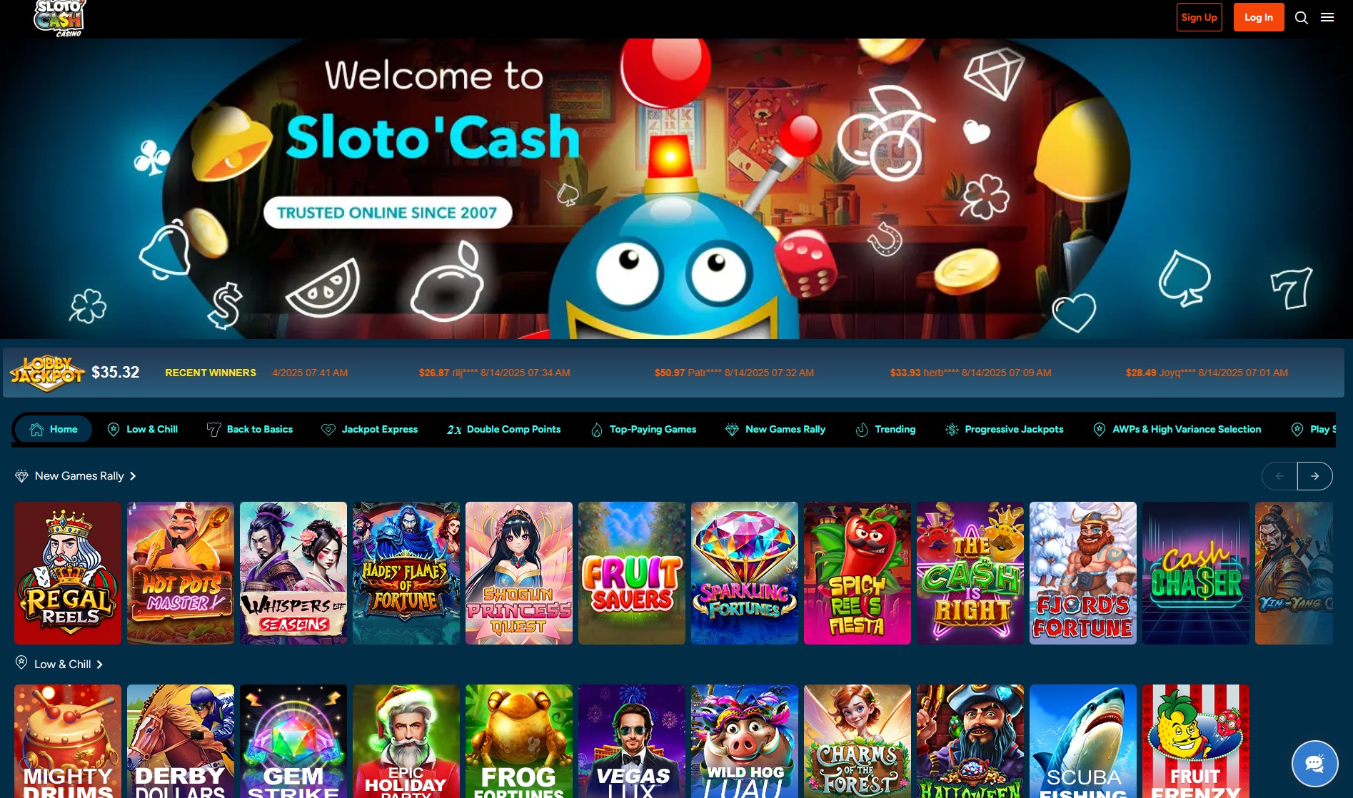 Sloto Cash Casino lobby/home
